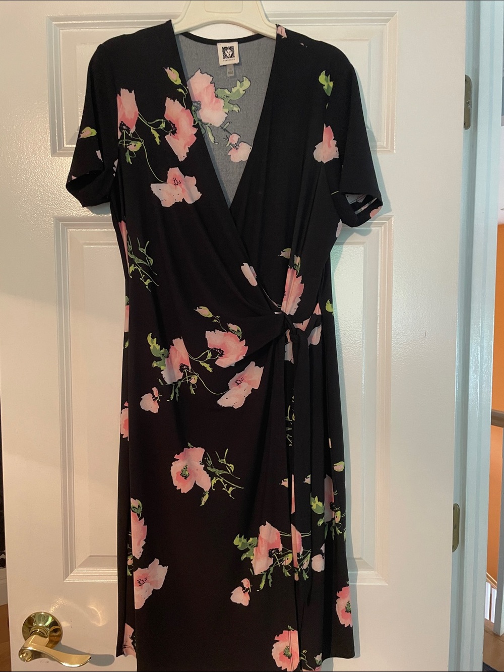 Anne Klein Black Wrap Dress with Pink Floral Print